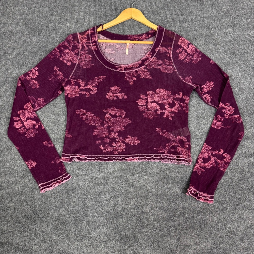 Free People Floral Crop Top Long Sleeve Women XL Purple Cotton EUC Boho Festival